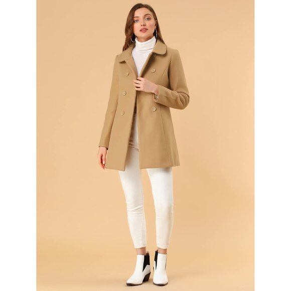 Women's Khaki Peter Pan Collar Double Breasted Winter Long Trench Pea Coat - Picture 3 of 5